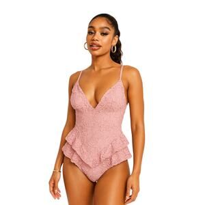 ASOS LUXE Pink 3D Floral Ruffle Peplum Sleeveless Cami Camisole Swimsuit Size 14